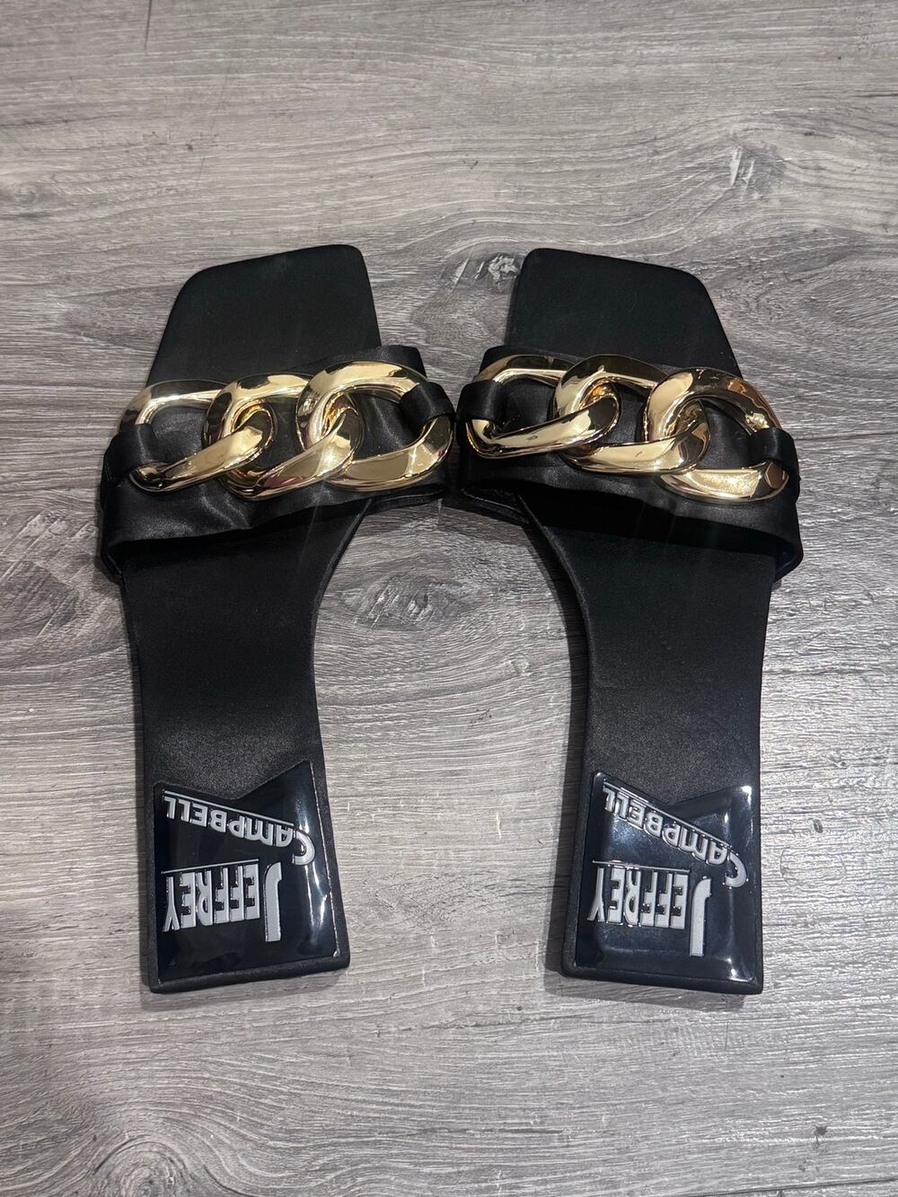 Jeffrey Campbell Park Chain Black Satin Gold Slide Sandals Size 7